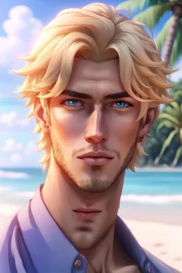 [Waterscape] The handsome and perfect portrait is on the tropical island, an anime, blonde-haired, lilac-eyed, and tan-skinned male character on the beach for the magazine. [8K resolution, high quality, ultra graphic, and detailed with lines.]