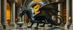 master oil painting by Escher and Giger, glaring vases and black humanoid reflective female dragon and hidden golden dragon inside marble hall library, cryptic eggs, sacred geometry