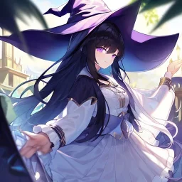 Clear focus, High resolution, Black long fluffy hair, purple eyes, wearing a witch outfit, wearing a white short skirt