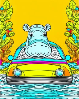 create a 2d colorful outline, "hippo driving tourist car coloring book for kids ", coloring cover, low details design, black contour, coloring cover design,safari background, colorful , card style, coloring cover for kids, colorful background