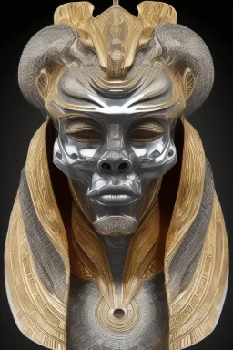 Anunnaki black male African Egyptian alien, cracks in the voodoo head, wicked, eyes, Elephant, 8k, finely detailed, photo realistic, tiger turquoise skull head gold dragon helmet space alien silver surfer skeleton gold olmec silver crown silver eyes