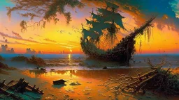 In the style of bob ross, thomas kadinskade and albert bierstadt a painting of a beach with an old ship wreck. Plants growing all over it. Intricate details, dramatic sunset, beautiful