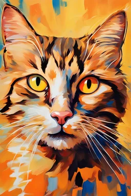 an abstract portrait painting with blurred and incomprehensible details, large strokes of bright colors, orange only smiling cat's face for the whole picture, in the bright rays of the sun