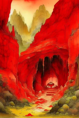 An orangish red cavern with a furnace vault painted by Guo Xi