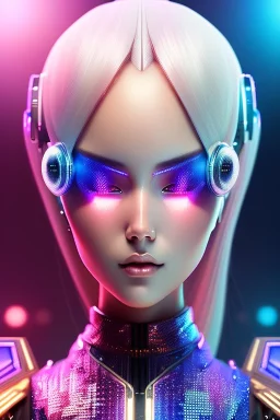 Futuristic manga cyborg, portrait from waist up, intricate eyeliner, vibrant eyeshadow, clear completion, soft lighting, 4k resolution, intricate details, insanely detailed, colorful cityscape background, masterpiece, expert, cinematic smooth, retroanime style, realistic details, no helmet, pastel hair color