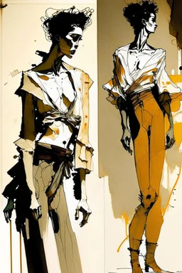 The perception of newness comes from a couple figures that undergoes a transformation after some specific action and adapts to a new space as if in the form of a garment, ink, EGON SCHIELE style, maximum detail, quality textures, bright lighting, high resolution