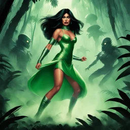 [art by Mil Mascaras] A cinematic medium shot of a jungle girl fighting off aliens. She is wearing a green dress and has long, dark hair. The aliens have large, round eyes and are wearing metallic suits. The background is a dense jungle with tall trees. There is smoke rising from the ground near the aliens. Also JUNGLE GIRL FIGHTS OFF THE ALIENS which was a title I borrowed.