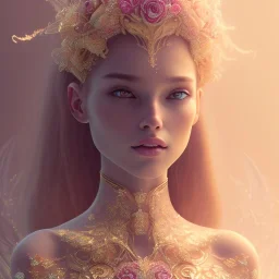 crystal rose beautiful girl smile,utra realistic,highly detailed, gold, pink, jewels, lace, masterpiece, delicate detailed, sharp focus, insanely detailed, fantasy art, intricate detailed, elegant, fog, Special Lighting, Vibrant, color Scheme, forest, unreal engine 5, trending on artstation