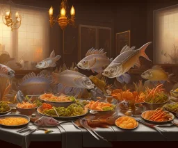 supper, fish sit at the table and eat pieces of people.