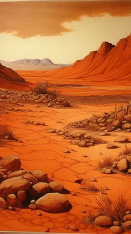 An orange colored desert with gravel painted by Albrecht Durer