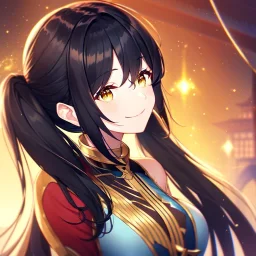 girl, masterpiece, best quality, volumetric lighting, detailed outfit, perfect eyes, black hair, golden eyes, long hair, twin ponytail, looking up, smile,