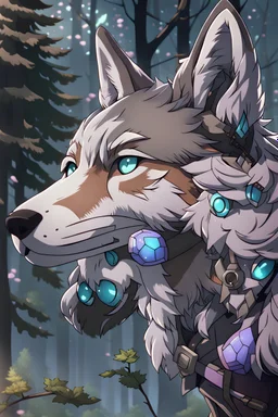 The handsome and perfect full body is on the spruce land, anime, a casual, gray-haired and lilac-eyed male character with wolf ears and a feline tail in the forest, 8K resolution, high quality, ultra graphics, and detailed with lines.