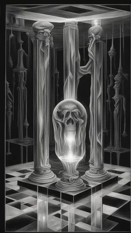 portrait of a square pillar with a grim reaper bulb in the foot, and mirrors reflecting light like crazy lazers bouncing against the sides up into a square crystal block head at the top, in the style of Escher and Giger