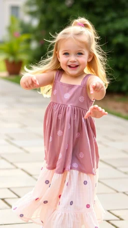 a pretty 5 years old girl with blue eyes and nice dress dancing and playing joyfully