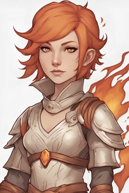 a d&d style female fire genasi with light orange skin and fire red short hair