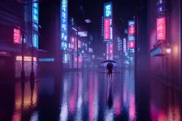 cinematic, night, Tokyo, Rain, high definition, blue neon lights, blender 3d