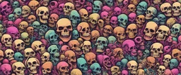 a field of 1000s of cartoonish, anatomically correct, skulls, vivid RANDOM BRIGHT neon colors, dark comedy, well lit, high detail, photorealistic, horrorcore, fun, scary, dead, 100% detail on all drawn, nothing partial or filler