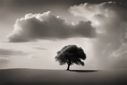 Very small single tree, magnificent cloudy sky, ray light, distant view, distant photo, conceptual photo, art photo, illusion, fine art, surrealism, black and white