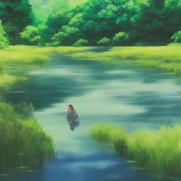 Girl sitting by the river, green landscape with bioluminescent trees, high quality, intricate detail, sharp focus, theme park, romantic, at dusk, light dust, makoto shinkai, studio ghibli