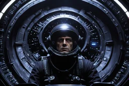 [movie shot by H.R. Giger in Verve colour palette] Cinematic side-profile of a pilot in a futuristic spaceship, slammed into his seat by extreme G-forces. Facial features strain under pressure. A round porthole beside him shows the dark void of space with faint star streaks. Cockpit illuminated by glowing panels and dramatic rim light, high-detail realism.