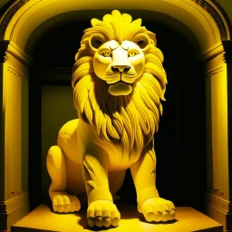 A yellow light elemental lion designed in Mayan architecture painted by Rene Magritte