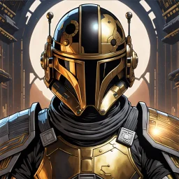 star wars bald male corellian pilot wearing pearlescent black and gunmetal grey First Order special forces heavy assault stealth commando armor and helmet with gold trim inside the jedi temple, hyperdetailed, dynamic lighting, hyperdetailed background, 8k resolution, volumetric lighting, light skin, fully symmetric details