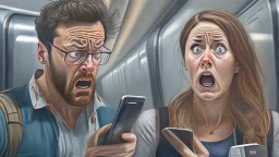 photorealistic man with woman on phone upset being put on the NO FLY list