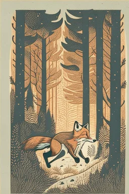 in a cosy vintage style, a fox runs through the forest