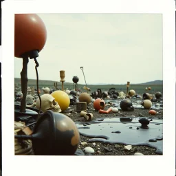 Photography polaroid close-up of a wasteland landscape with many objects in Yves Tanguy incomprehensible style, Surrealism, glossy, organic, funny, strong texture, fiotti di liquido nero, panic, obsessive, hypnotic