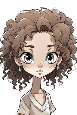 african american chibi girl, outline art, white background, no shadows, curly hair