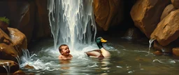 master oil painting by Rembrandt,cute trolls bading baby inside waterfall with huge duck