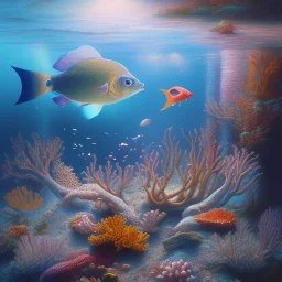 serene underwater scene, coral, fish, rocks, oil painting, by renoirm, pastel colors, masterpiece, intricate, cinematic lighting