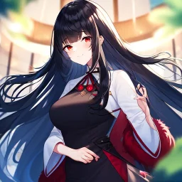 Clear focus, high resolution, black long fluffy hair, red eyes, wearing a cute outfit, kawaii