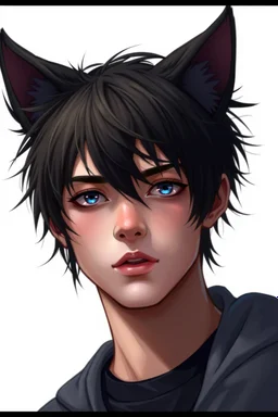 A young man with messy black hair, black cat ears on his head, blue eyes.