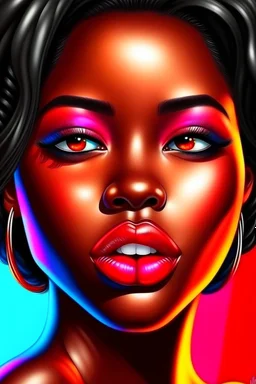 Realistic Black Girl's Face with Lipstick, Farapopier, Beautiful Hairstyle (Front-Facing Camera Position) with Colorful Background