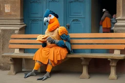 Half parrot half human in a 1700s Orange Dutch uniform siting on a bench in a Dutch city eating a loaf of bread