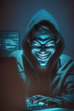 or how about: hacker in the dark with glasses using computer with evil smile