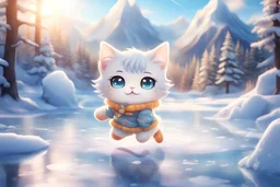 cute anime chibi cat iceskating on a frozen pond, mountains, forest in sunshine Weight:1 heavenly sunshine beams divine bright soft focus holy in the clouds Weight:0.9