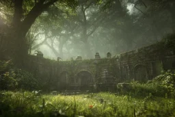 Ancient crypt in a lush green forest, fantasy, day time, light, mystical, flowers, swords on the ground