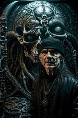 portrait of crazy art pirate thief in front of insane painting in the style of giger, 4 k, down light, depth of field, trending on art station, high detail, cracked ground