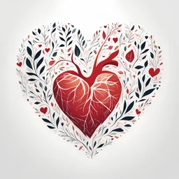 "heart" The image is a minimalistic illustration on a pure white background. the area around the heart is filled with leaves. Use elongated contours.