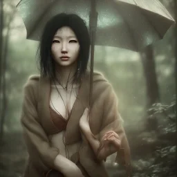 wonderfull japanese woman, big chest, in rain, portrait, viking costume, village, meditation, woods, cyberpunk, 8k quality