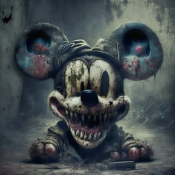 zombie mickey mouse hybrid, photorealism, movie screen capture, horror, sci-fi, evil, hungry, rotted