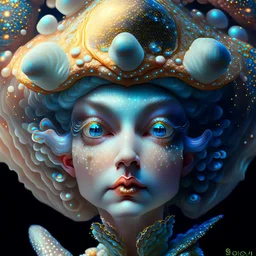 Beautiful rococo mushroom fairy, detailed eyes, realistic features, hq, fungi, celestial, moon, galaxy, stars, by Salvador Dalí, giger, Hieronymus Bosch, victo ngai, fungi, celestial, Ryan Hewett Modifiers: digital painting fantasy studio lighting 8k very attractive beautiful close up hyperrealistic 4K 3D crisp quality cinematic postprocessing Michelangelo Van Gogh Alphonse Mucha Iridescent black ink