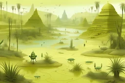 A light yellowish green swamp with bugs in daylight designed in ancient Egyptian hieroglyphics painted by Zhang Lu