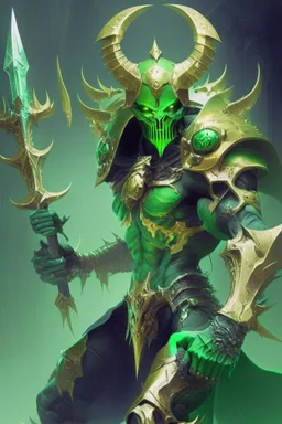 Demonio futurista en armadura verde con dorado y un casco de craneo verde empuñando una lanza