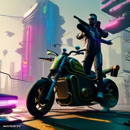 cyberpunk 2077, ninja, bike, photo quality, unreal engine render, highest quality, vivid neon colors, volumetric lighting,deep colors in a dark setting background, post-apocalyptic,