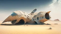 aerodynamic spaceship, in a desert, ruined buildings