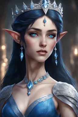 female elf with black hair and blue eyes, wearing a long blue dress with lots of diamonds and a gemful tiara on head, no smile. She has a lot of scars on her face. Full scars from knives