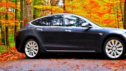 A Tesla's 'Model S Plaid' is parked, in the 'Great Smoky Mountains' National Park, in Tennessee. CINEMATIC. WIDE ANGLE LENS. PHOTO REAL.